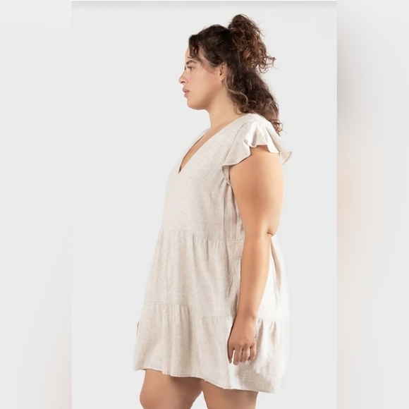 Linen Babydoll Mini Dress Light Birch/Oatmeal Large - Picture 3 of 8